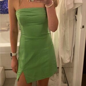 Green strapless linen mini dress